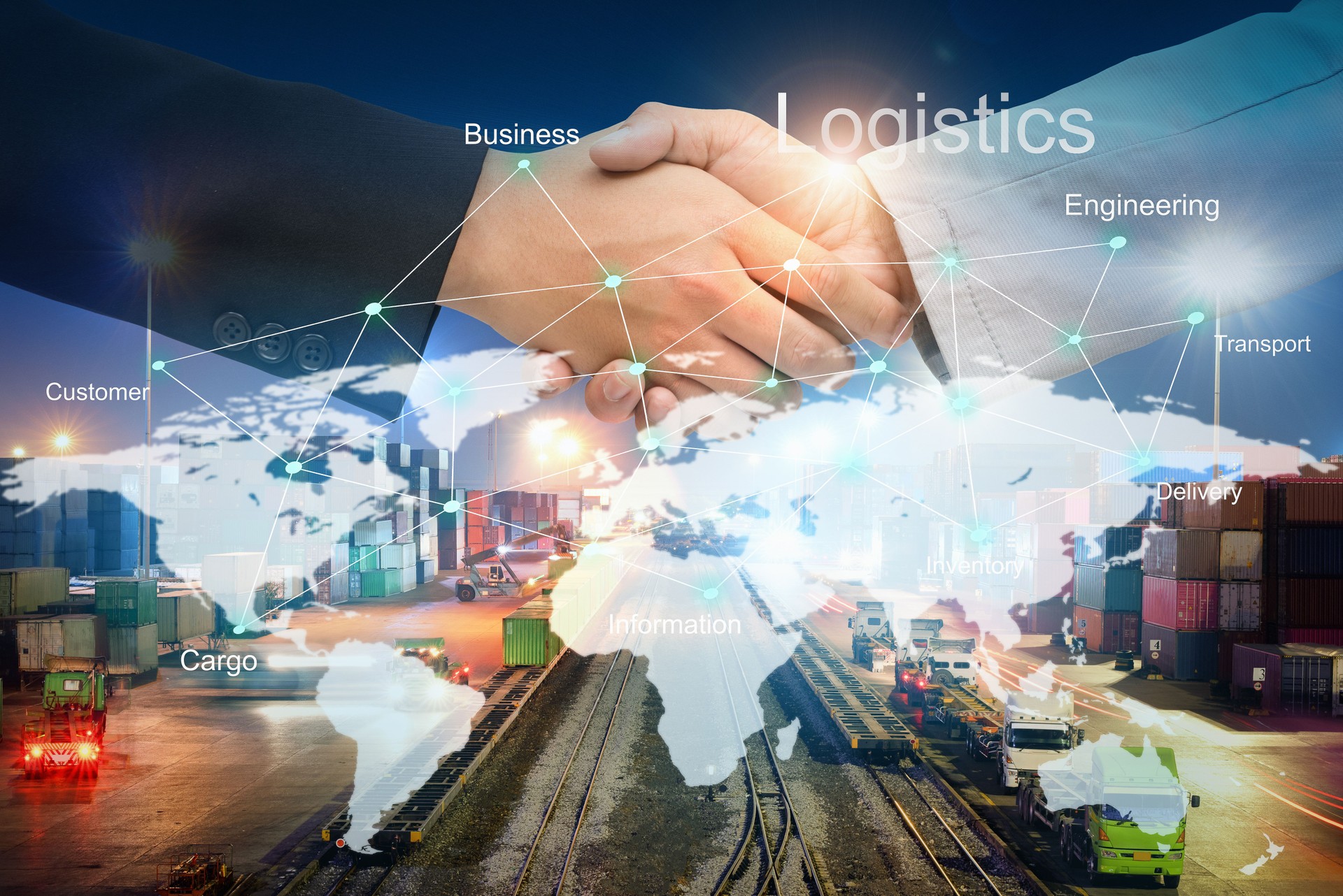 Empresários apertam as mãos em acordo de Beneficiário para o sucesso na logística com linha de tecnologia no mapa mundial sobre serviços de transporte de carga, gestão de Importação-Exportação para logística